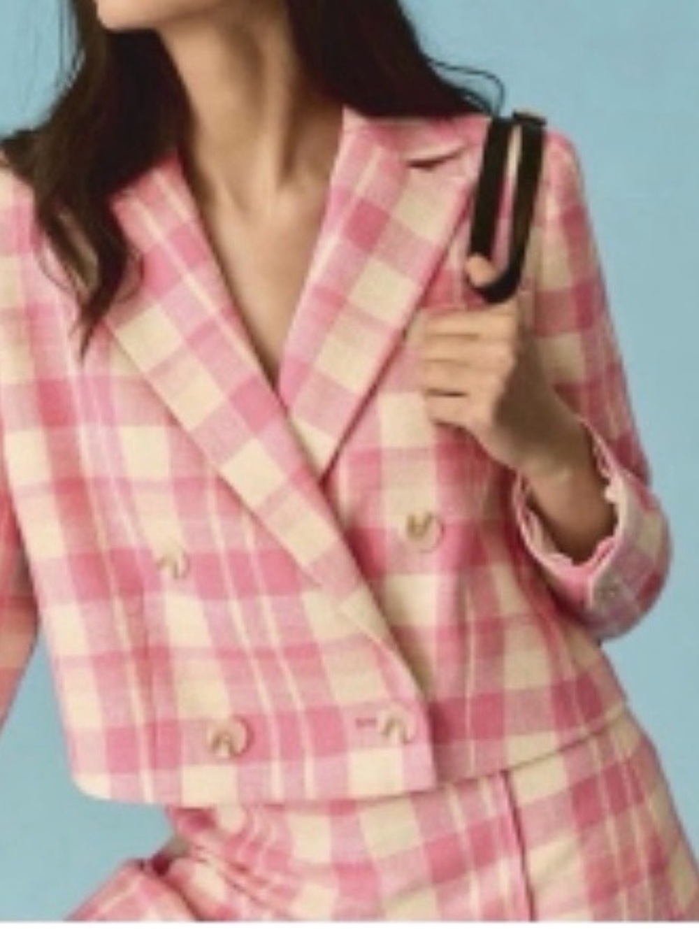 #696 Maeve by Anthropology Pink & Cream Plaid Cropped Blazer & Shorts.